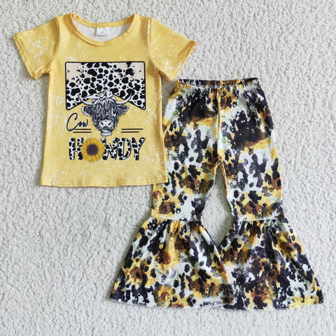 GSPO0081 HOWDY Alpine Cow Sunflower Short Sleeve Pants Set