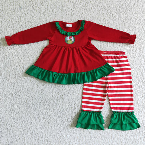 Girls Embroidered Grinch Red Long Sleeve Striped  pant set