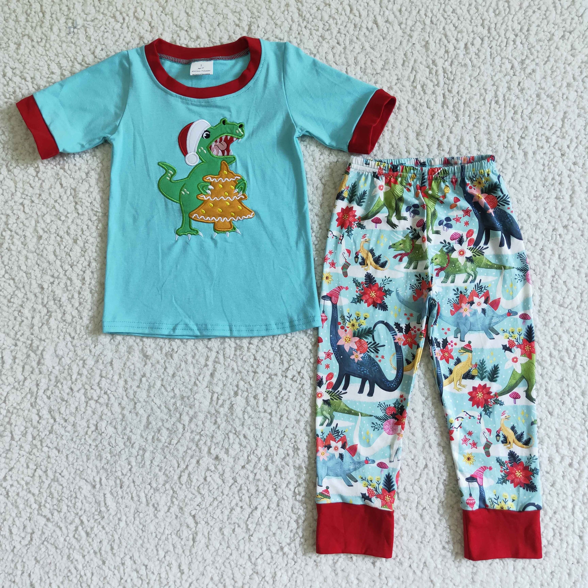 Boys Embroidered Christmas Dinosaur Blue Short Sleeve Pants Set