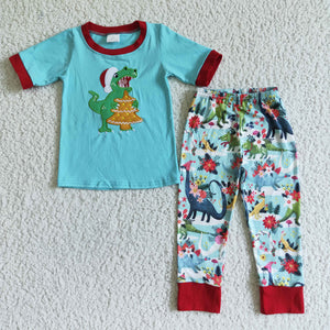 Boys Embroidered Christmas Dinosaur Blue Short Sleeve Pants Set