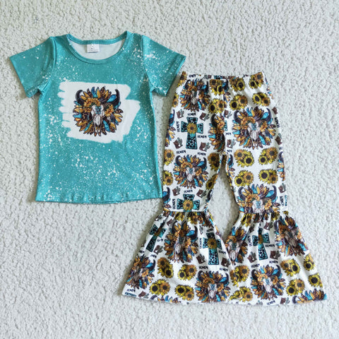GSPO0073 Girls Blue Bull Tau Sunflower Short Sleeve pant set