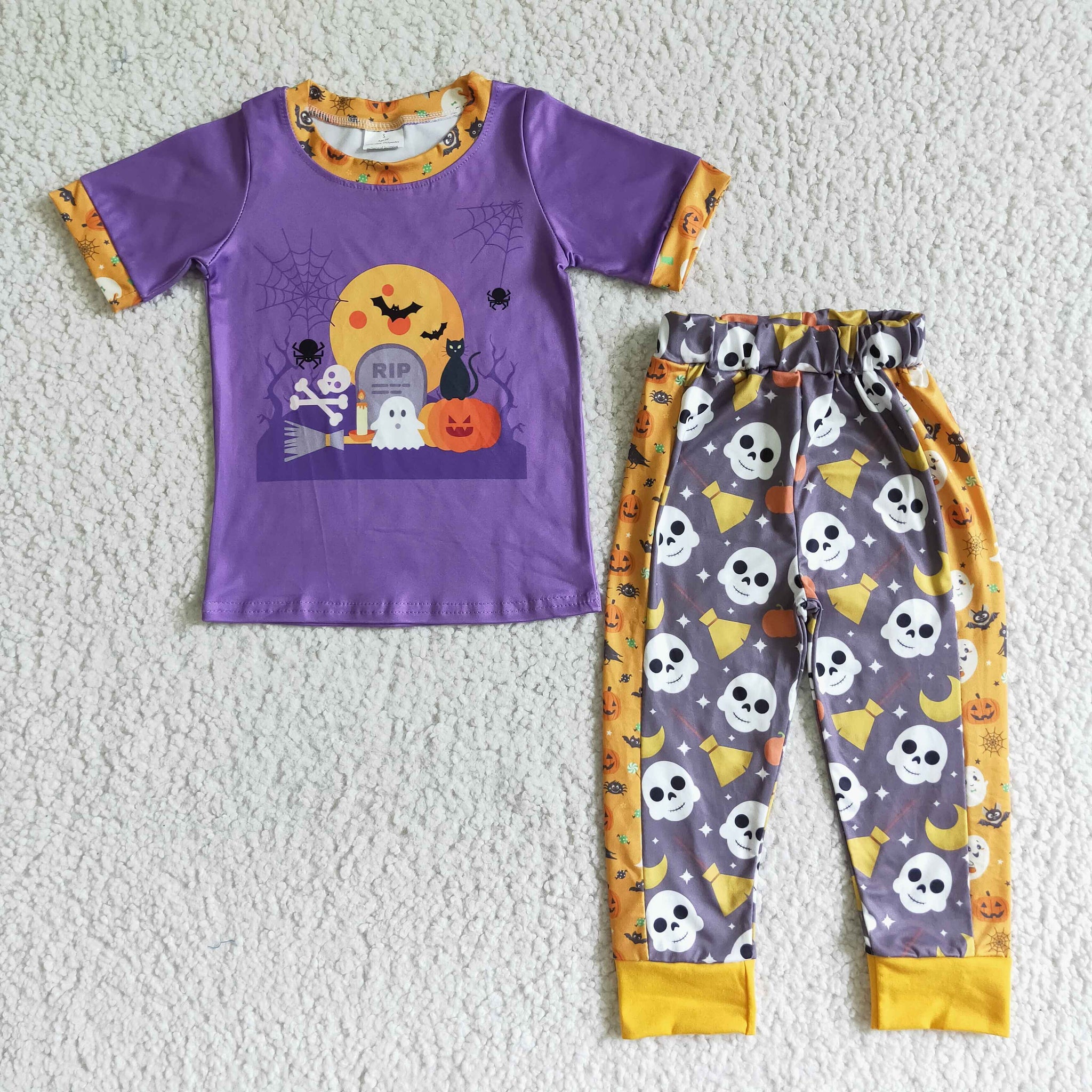 Boys Halloween Pumpkin Ghost Purple Short Sleeve Pants Set