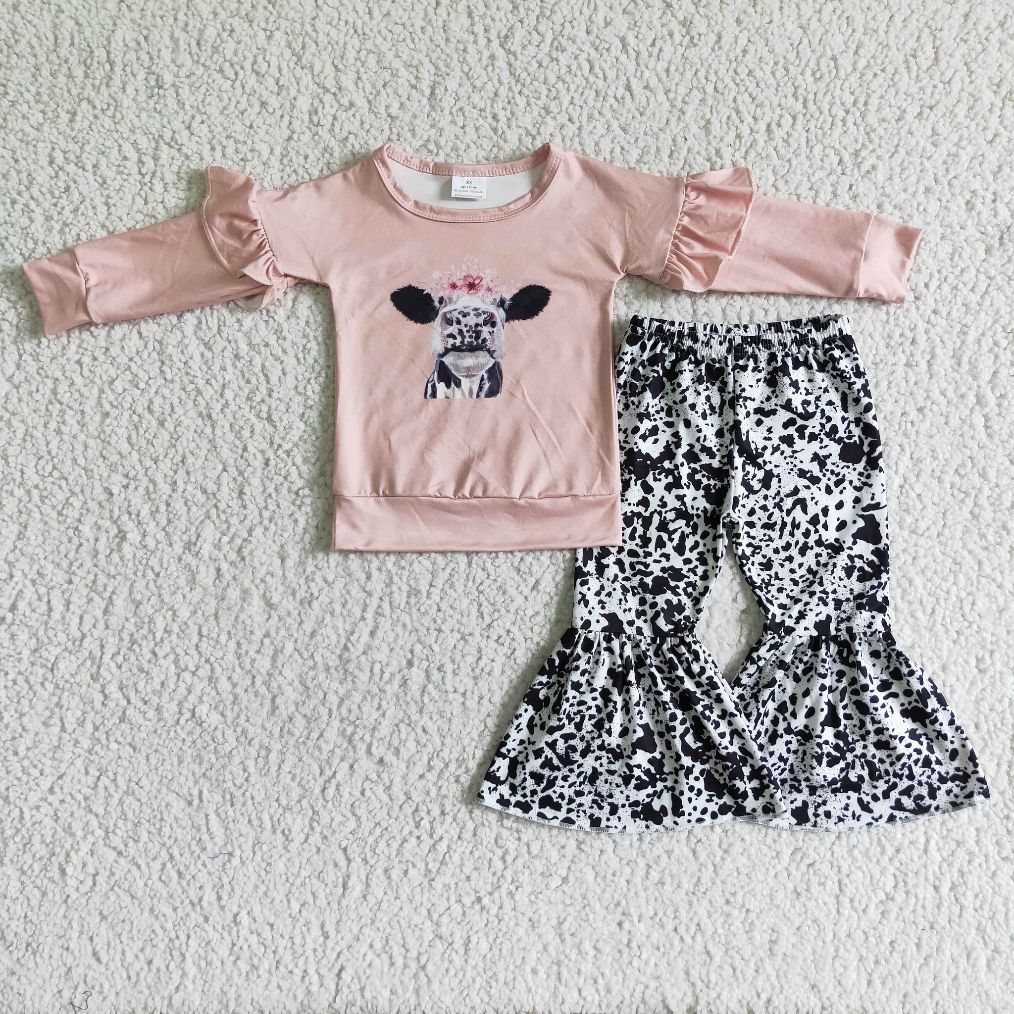 Girls Cow Pink Lace Long Sleeve pant set