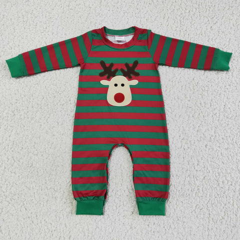 LR0028 Christmas Embroidered Fawn Green Striped Long Sleeve romber