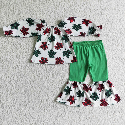 Girls Christmas Maple Print Flared Pants Outfit