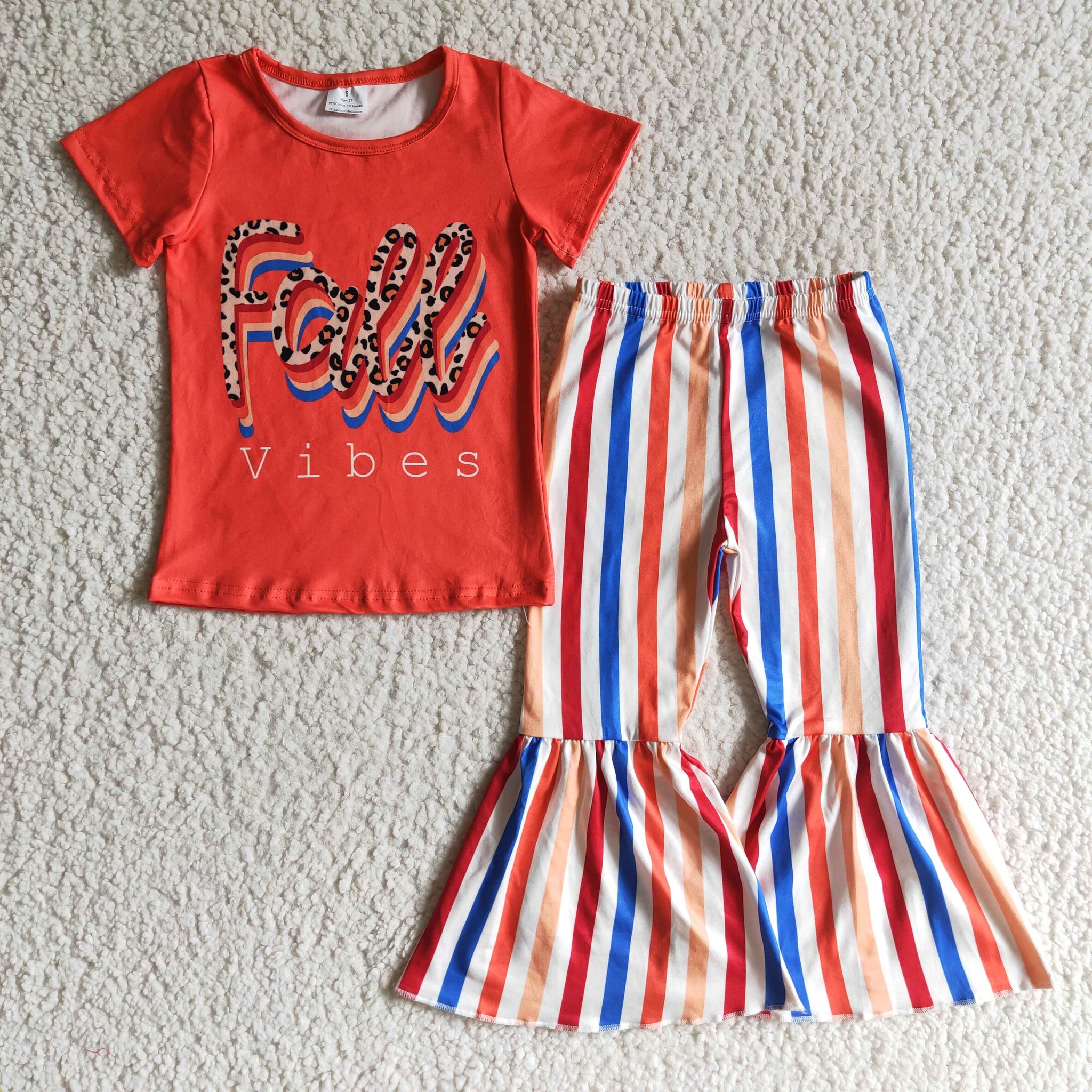 GSPO0186 Orange Short Sleeve Striped Flare Pants Girls Outfit