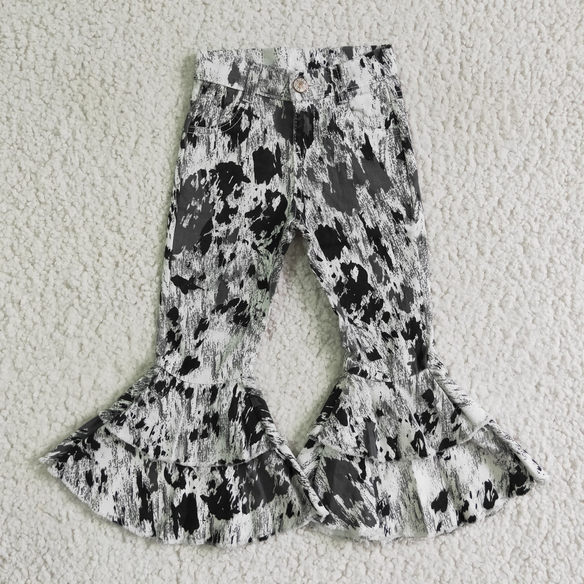 P0023 Black Grey Girls Denim Flared Pants