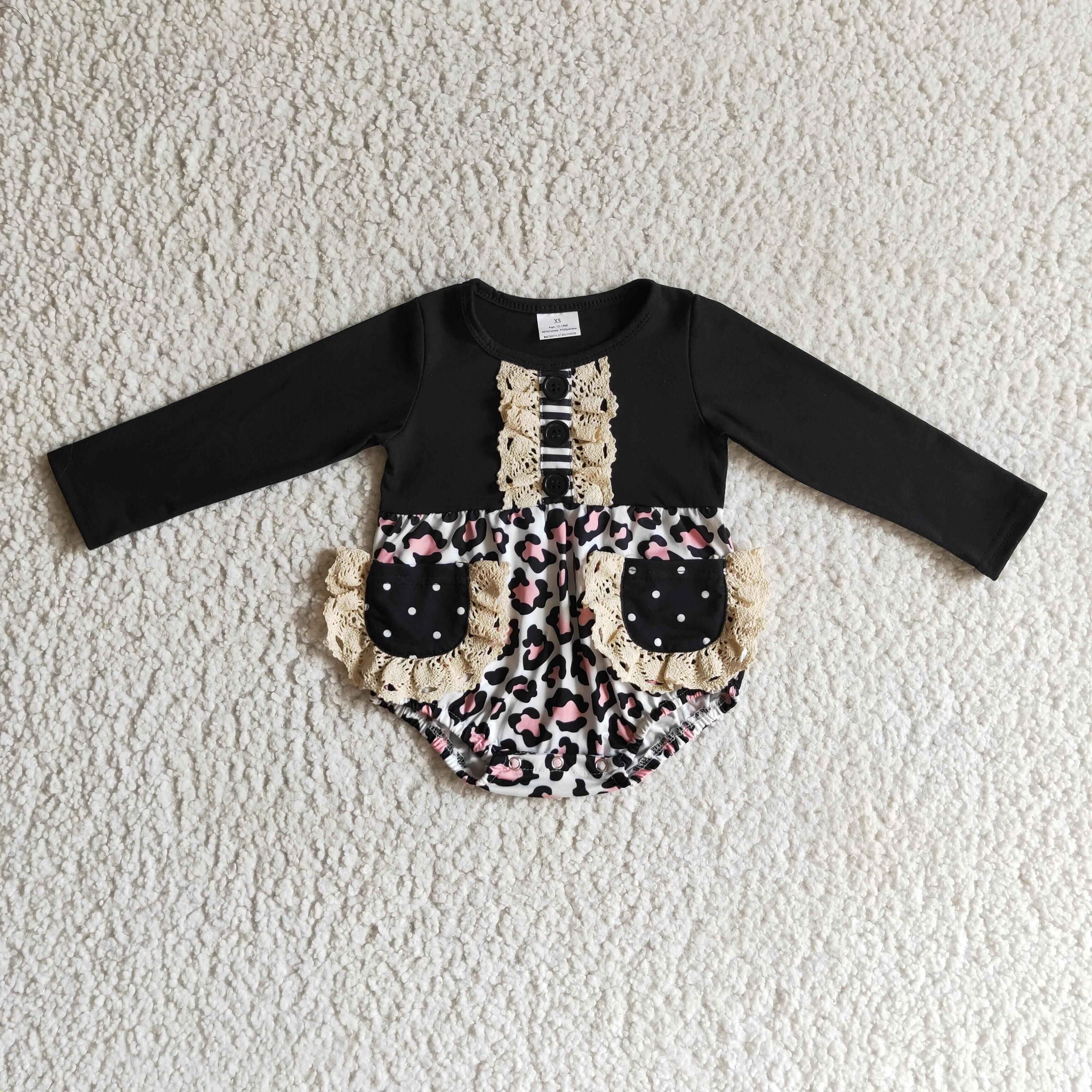 LR0167 black pink girl long sleeve romper