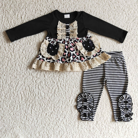 Black Pink Leopard Lace Fall Girls Long Sleeve Suit