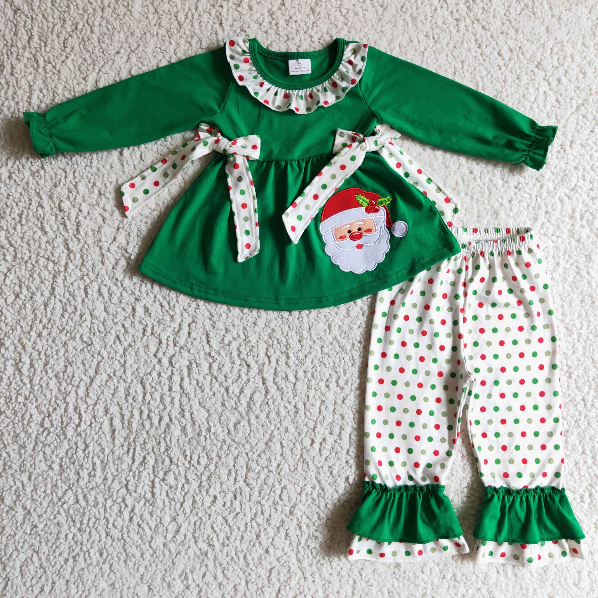 Christmas Girl Green Cotton Embroidery Suit