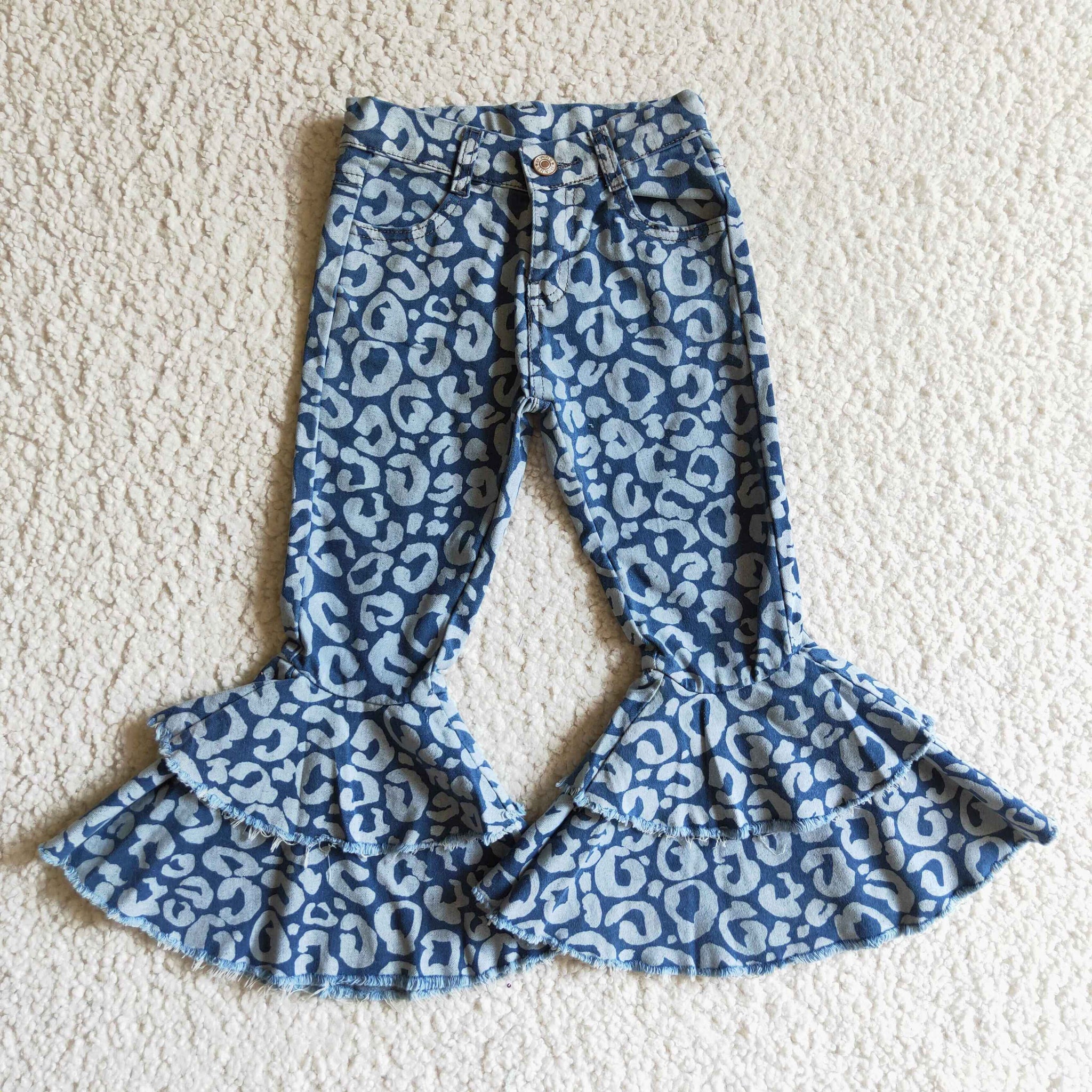 P0027 Blue Leopard Denim Flare Pants
