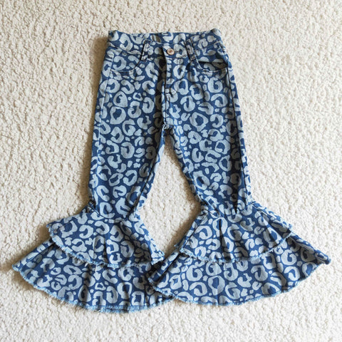 P0027 Blue Leopard Denim Flare Pants