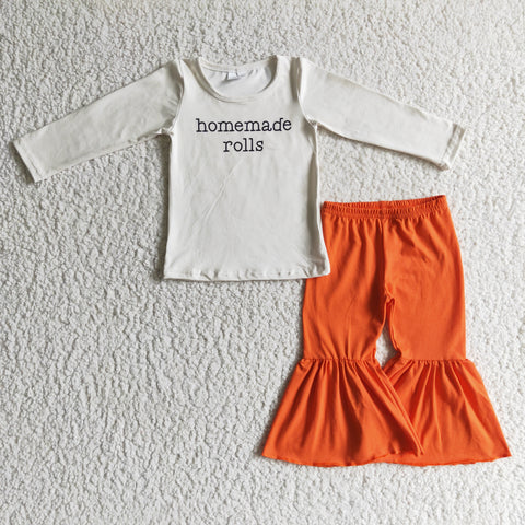 Girls Beige Long Sleeve Top Cotton Orange Flared Pants