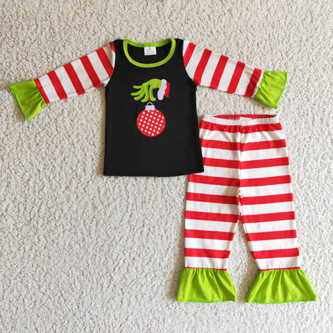 Christmas Girls Grinch Cotton Embroidered Pajama Set