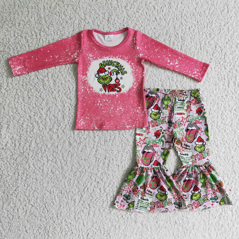 Christmas Grinch Girls Long Sleeve Flared Pants Set