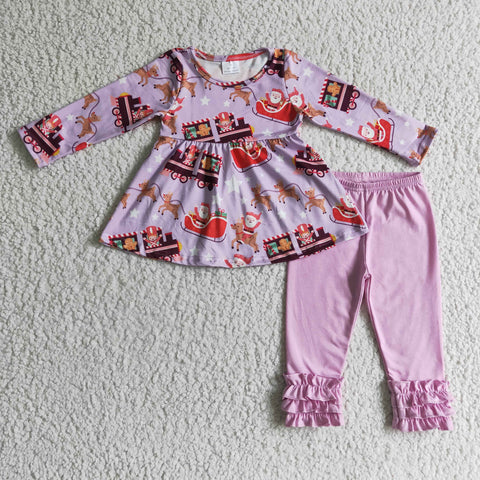 Santa's Sleigh Print Girls Long Sleeve Suit