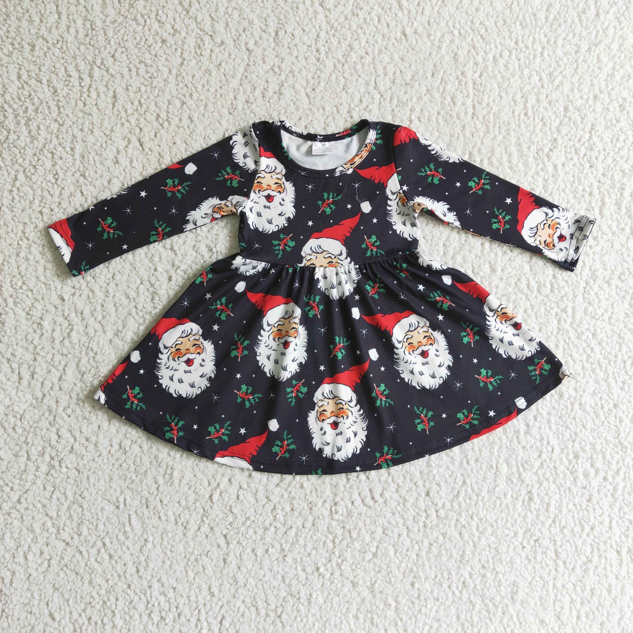 GLD0102 Santa Print Girls Ruffle Long Sleeve Dress