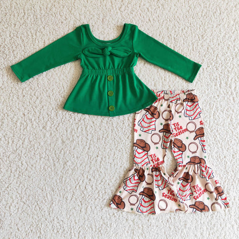 Green Cotton Long Sleeve Flared Pants Girls Suit