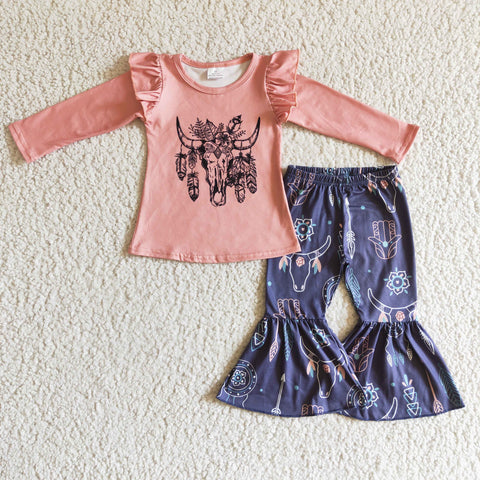 Autumn  Winter Girls Bull Head Print Pink Long Sleeve Suit