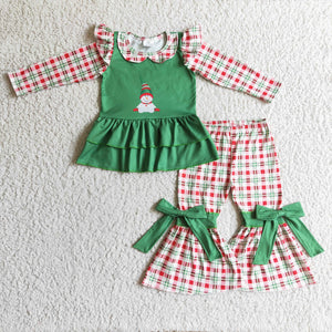 Christmas Snowman Girl Plaid Print Long Sleeve Suit