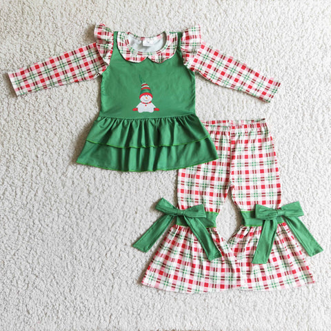 Christmas Snowman Girl Plaid Print Long Sleeve Suit