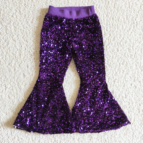P0032 Purple Sequin Girls Flared Pants