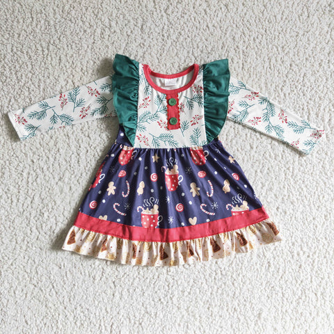 GLD0142 Christmas Girl Gingerbread Print Dress