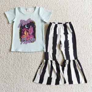 GSPO0213 Girls Autumn Short Sleeve Flared Pants Suit