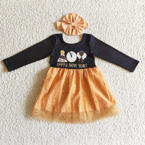 GLD0138 Happy New Year Girls Long Sleeve Mesh Dress