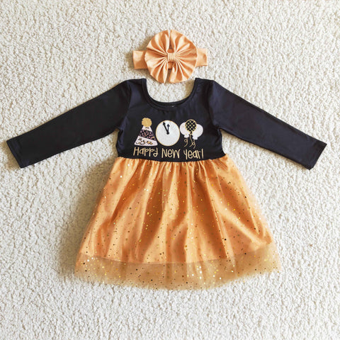 GLD0138 Happy New Year Girls Long Sleeve Mesh Dress