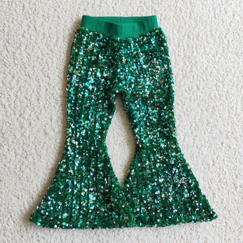 P0033 Green Sequined Cotton Flared Trousers