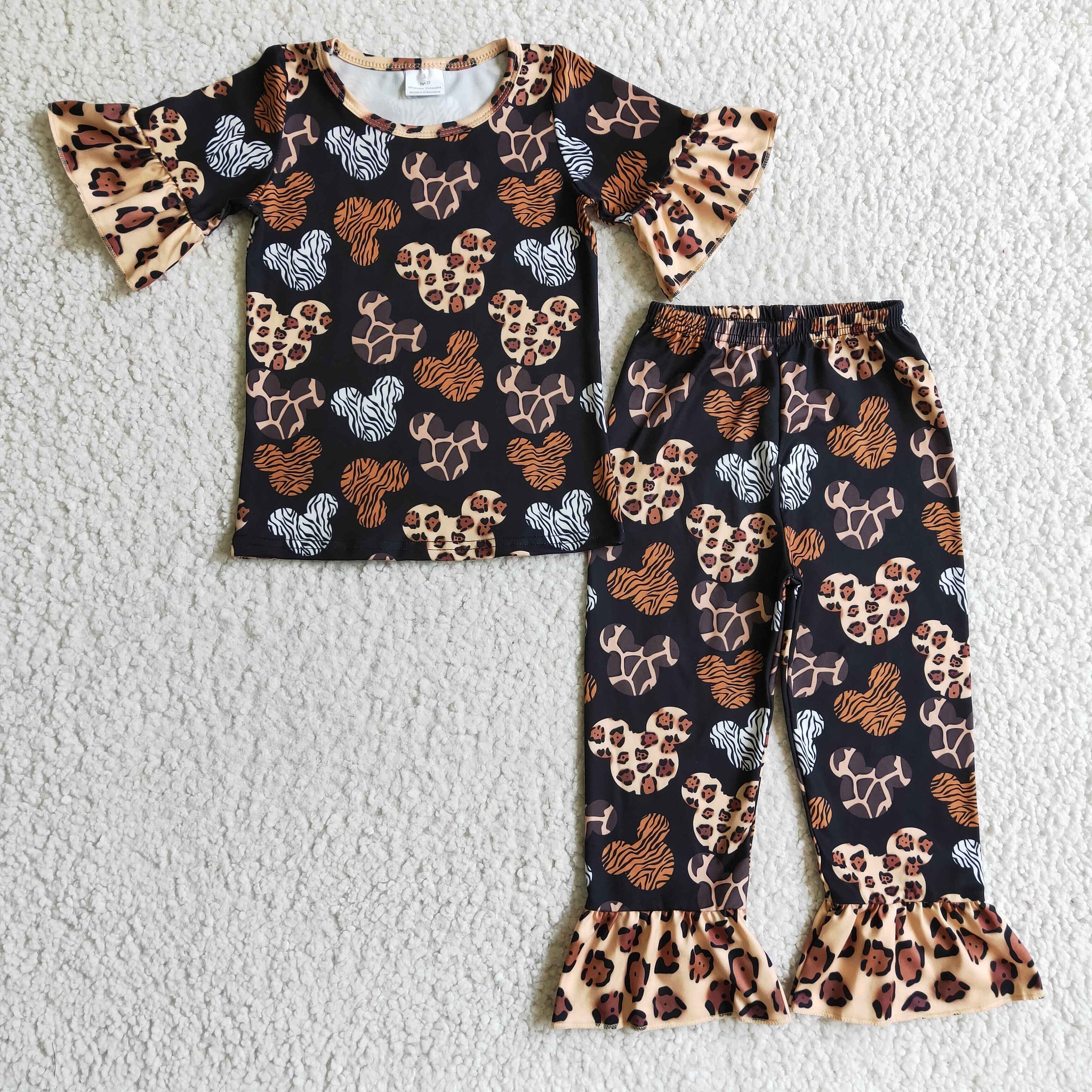 GSPO0229 Leopard Mickey Print Short Sleeve Ruffle Pants Girls Outfit