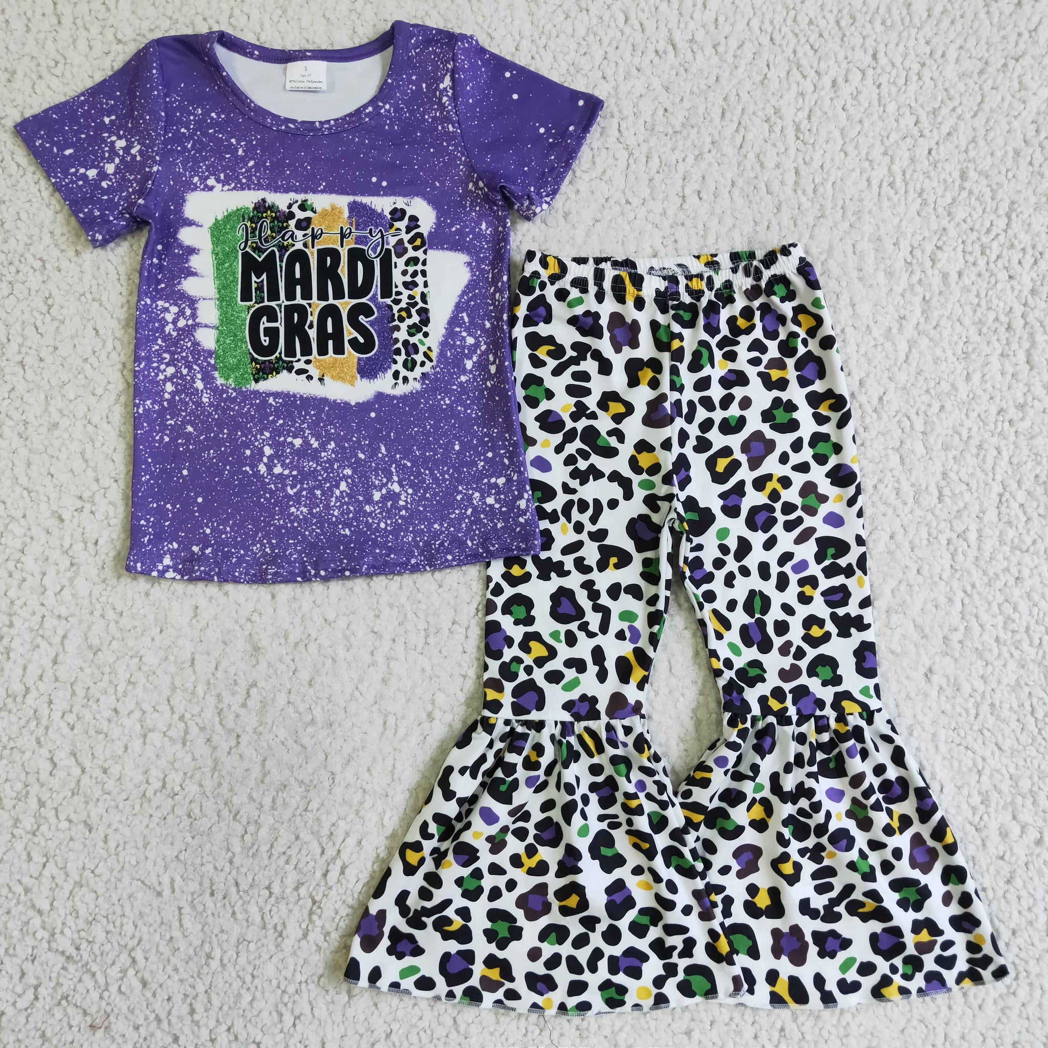 GSPO0221 Girls Purple Short Sleeve Leopard Print Flared Pants Suit