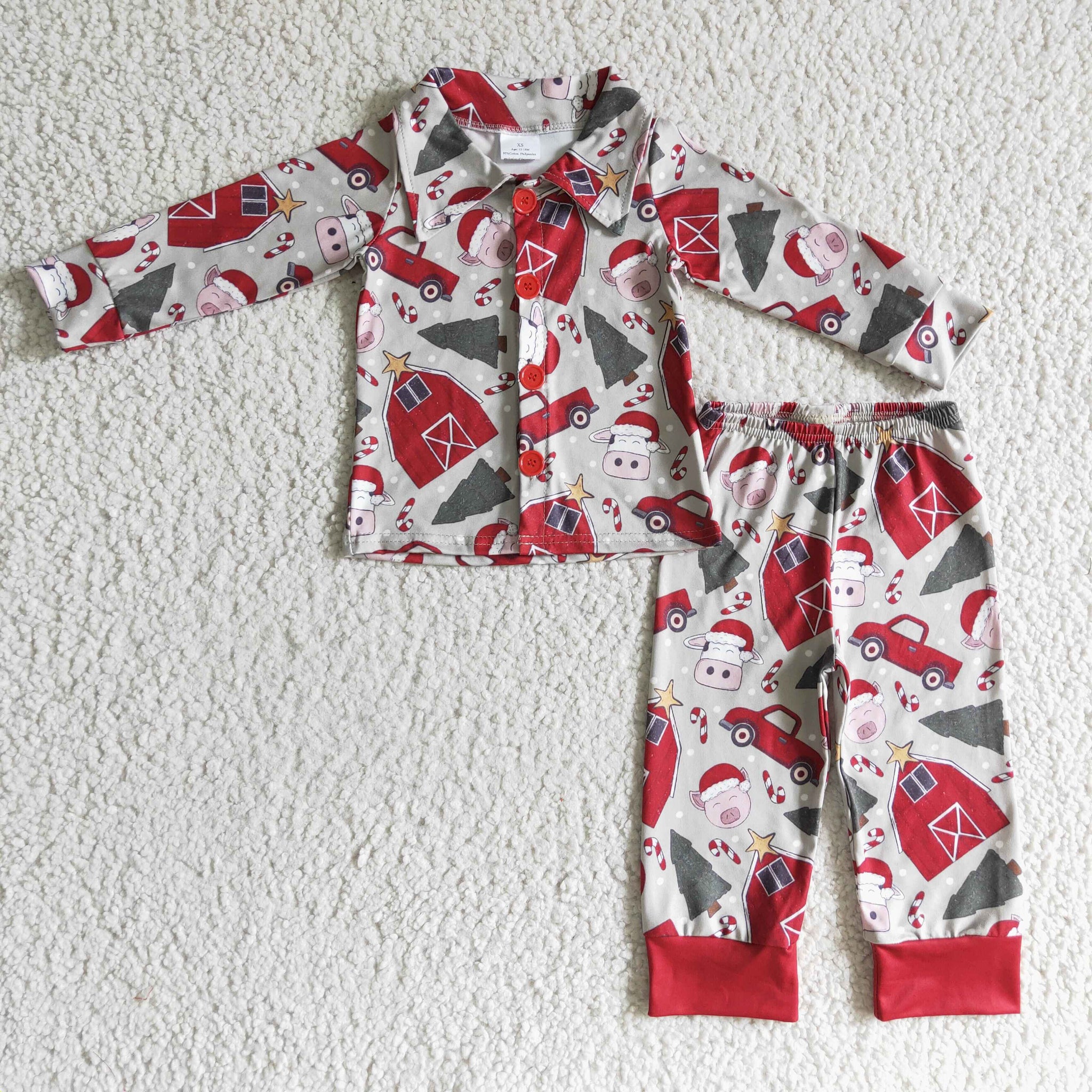 Boys Christmas Cow Christmas Tree Print Pajamas Long Sleeve Set