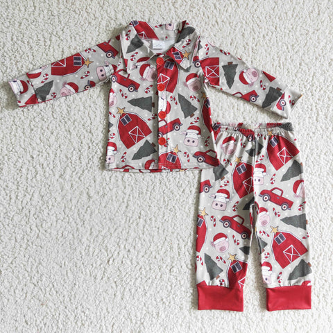 Boys Christmas Cow Christmas Tree Print Pajamas Long Sleeve Set