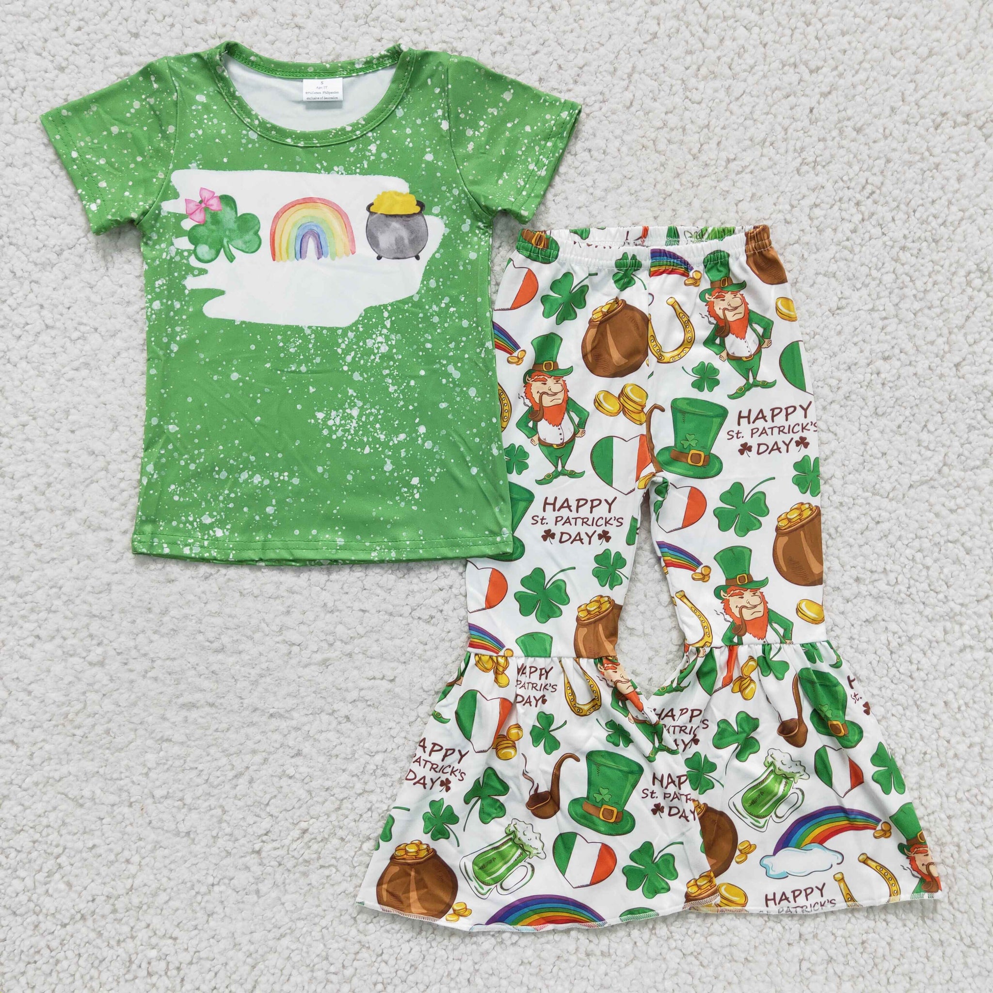 B16-11 St. Patrick's Day Green clover designer outfits toddler girls children bell bottoms sets