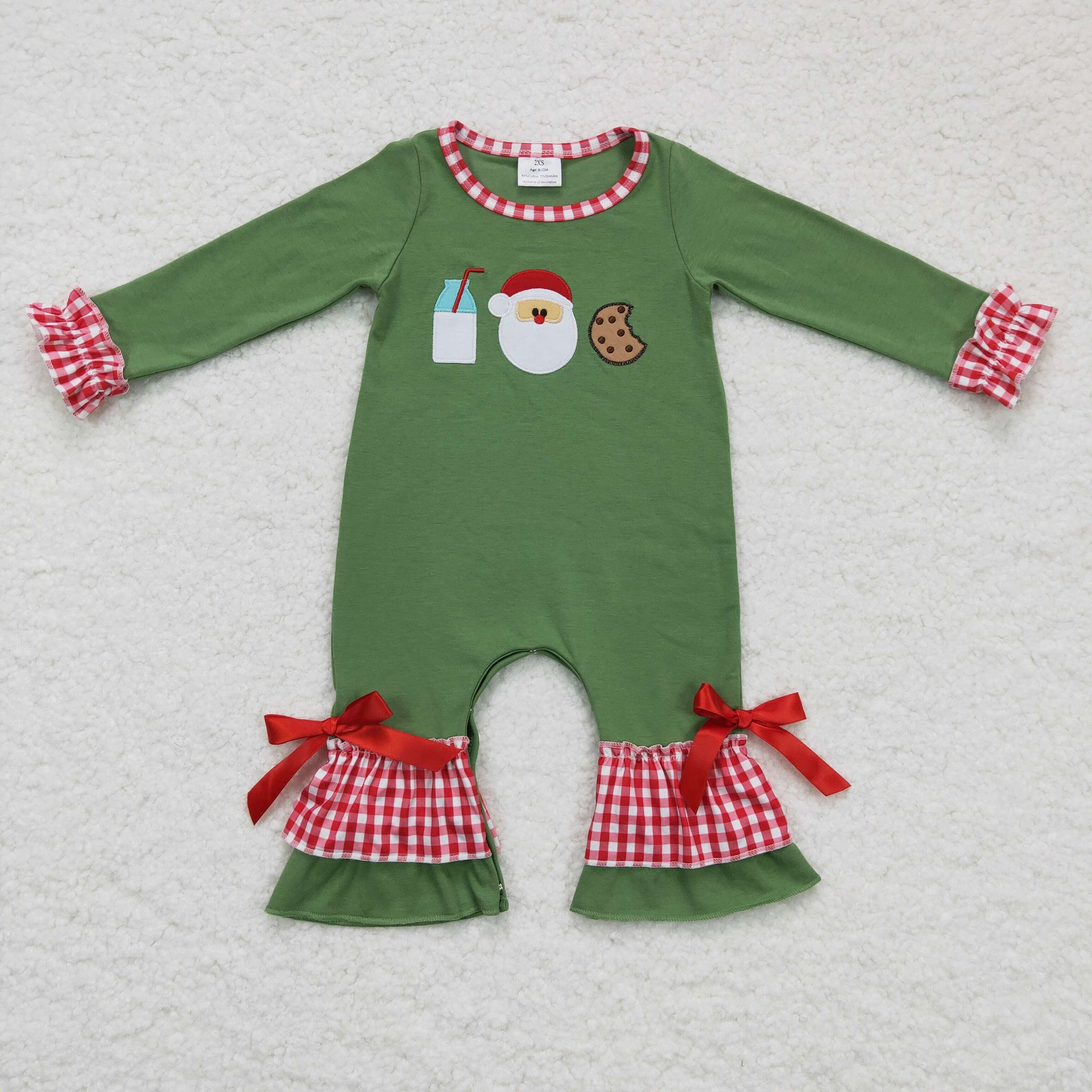 LR0233 Cotton Santa Embroidered Green Long Sleeve Romper