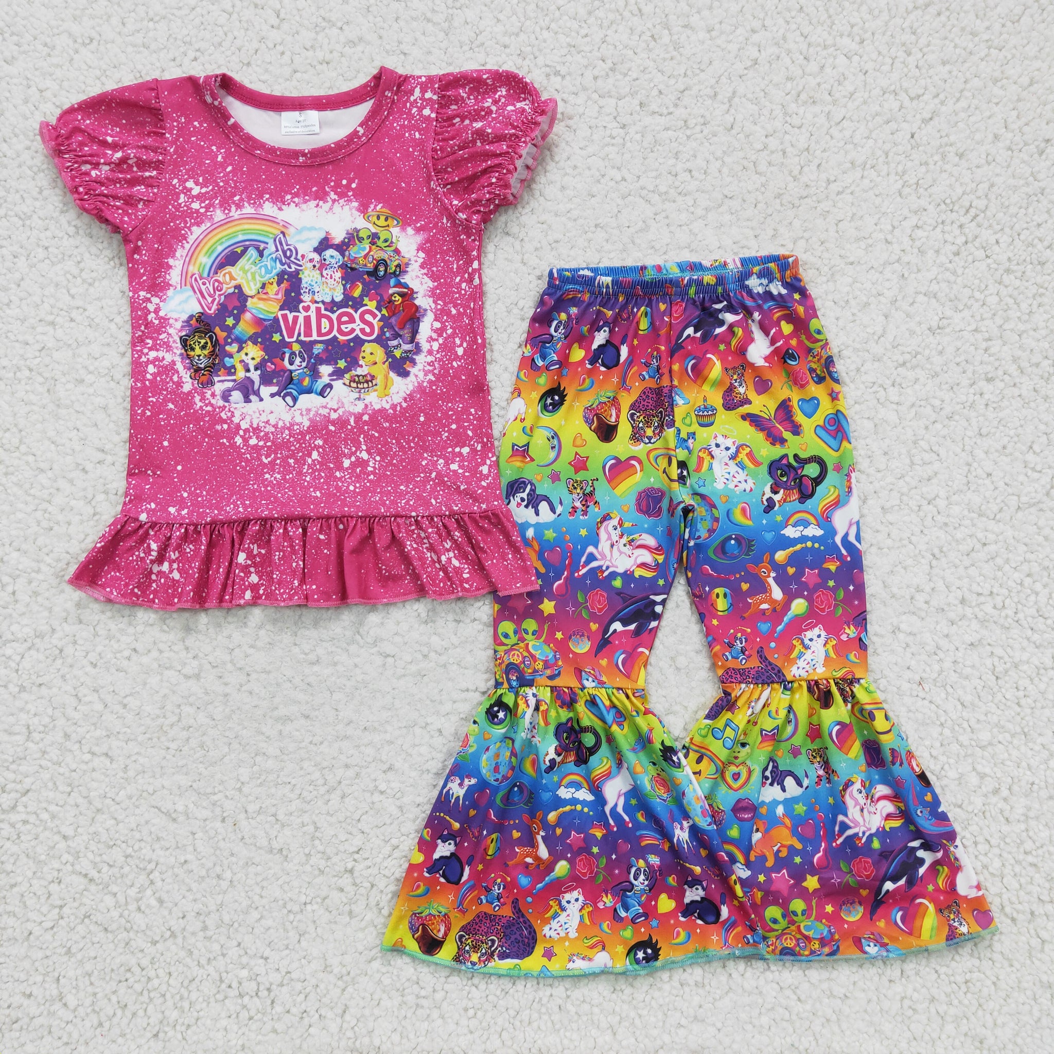 GSPO0276 Cartoon Print Girls Short Sleeve Flared Pants Set