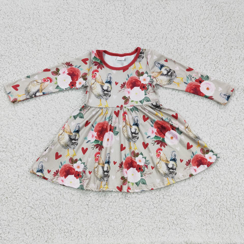 GLD0163 Chicken Pattern Print Girls Long Sleeve Dress
