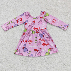 GLD0169 Valentine's Day Girls Dress with Dinosaur Print Pattern