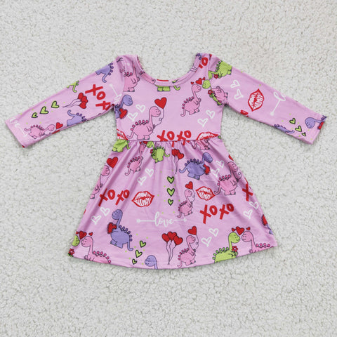 GLD0169 Valentine's Day Girls Dress with Dinosaur Print Pattern