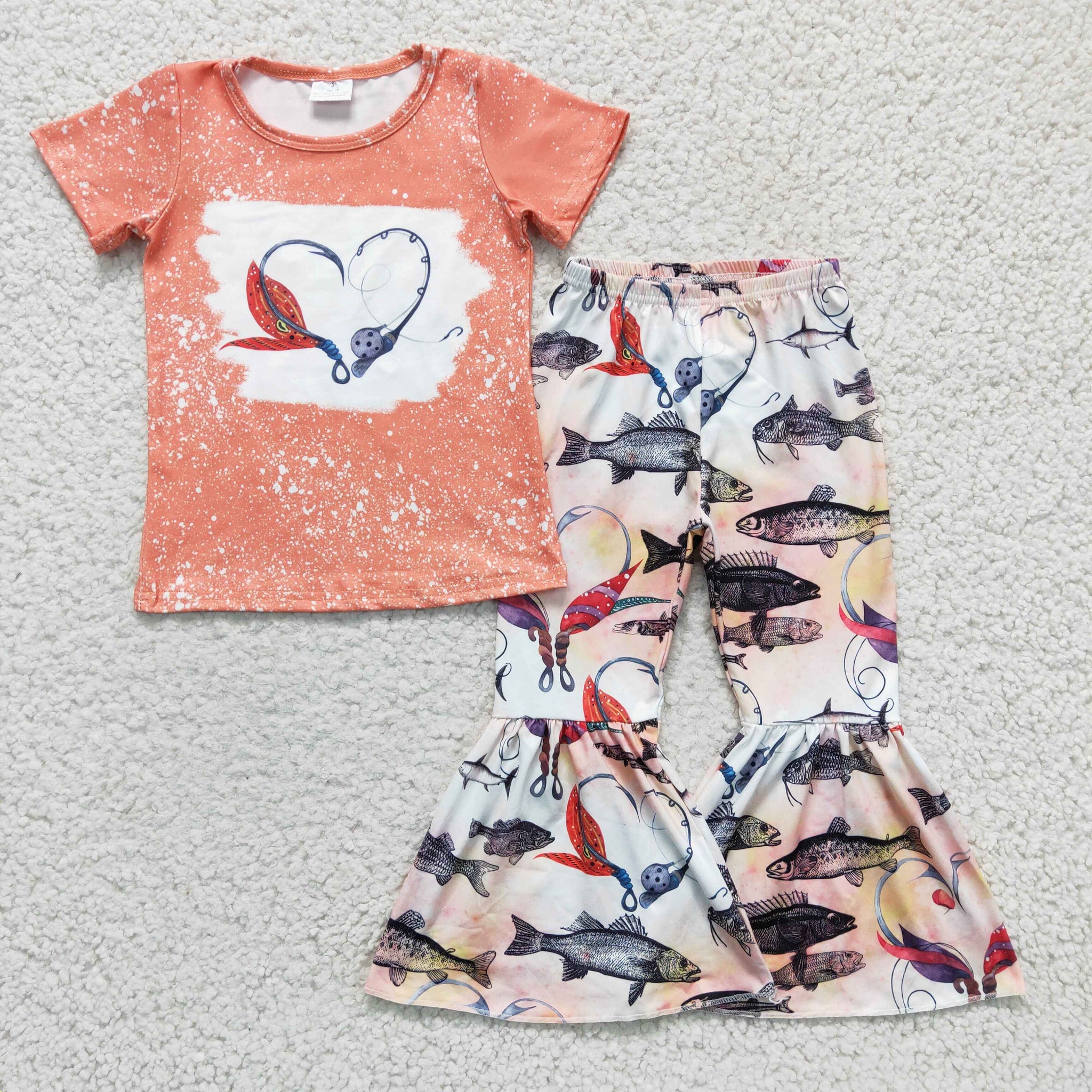 GSPO0258 Fish Print Girls Short Sleeve Flared Pants Set