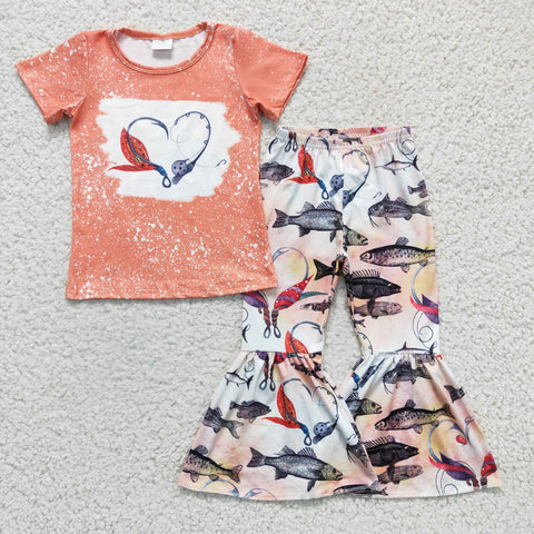 GSPO0258 Fish Print Girls Short Sleeve Flared Pants Set
