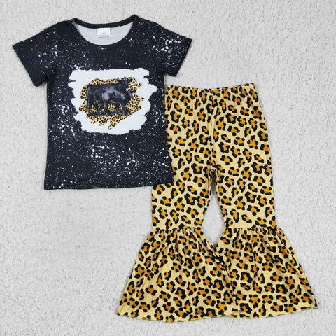 GSPO0352 Cow Print Black Short Sleeve Leopard Flared Pants