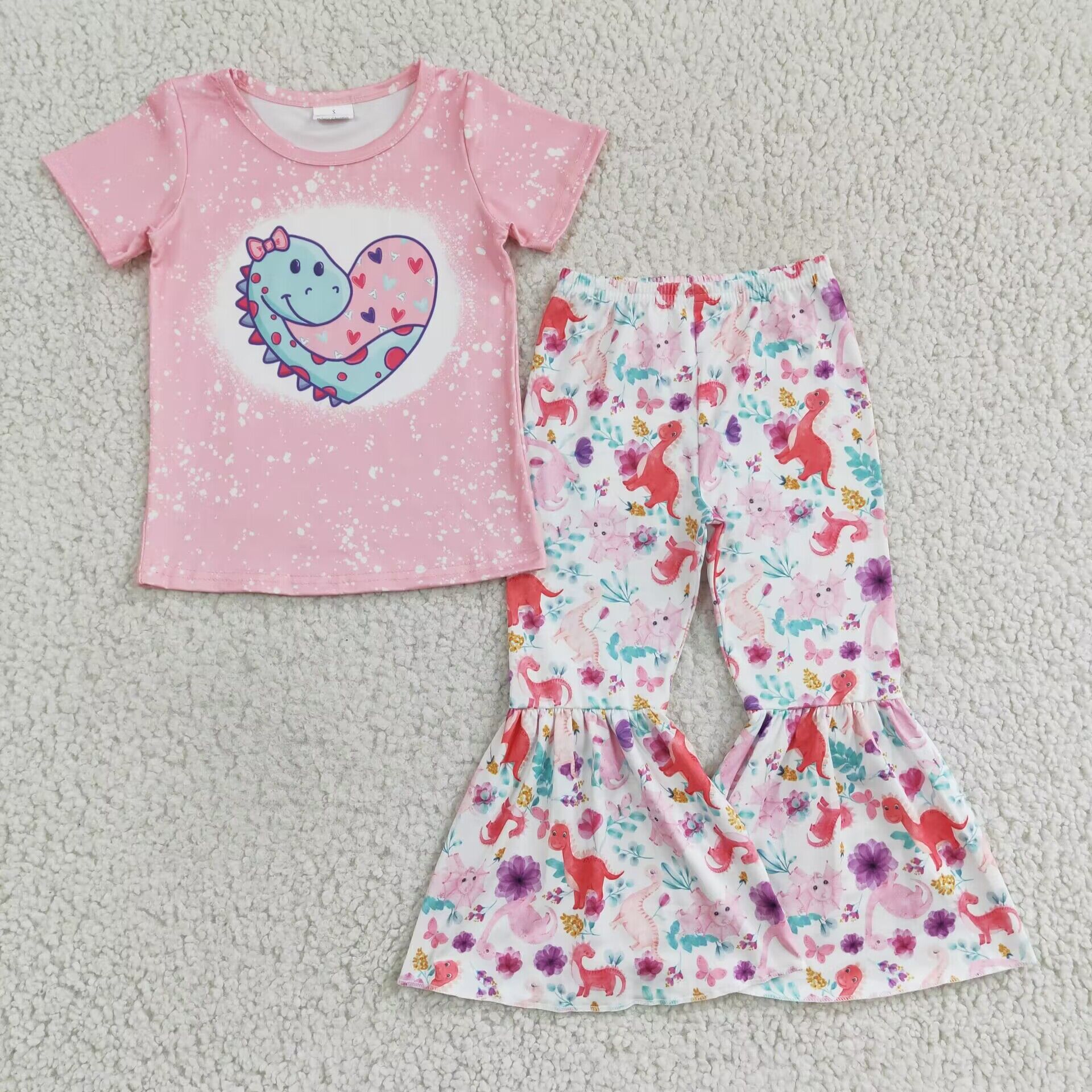 GSPO0283 Dinosaur Girl Pink Short Sleeve Flared Pants Set