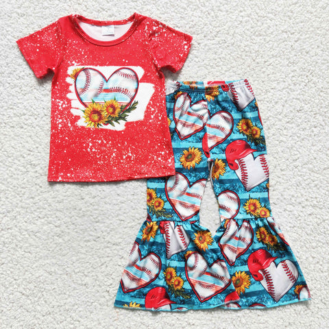 GSPO0252 Girls Love Baseball Sunflower Red Short Sleeve Flared Pants