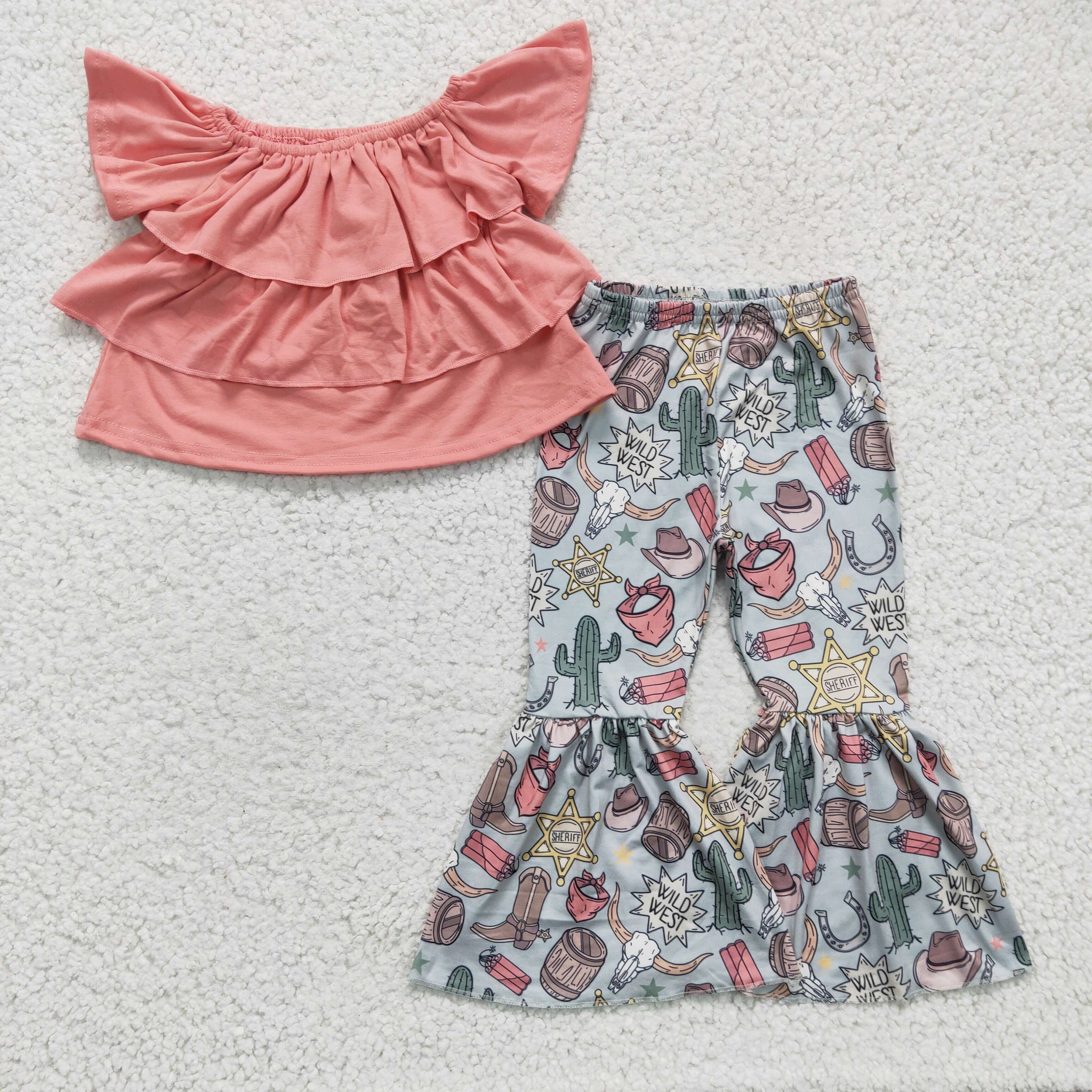 GSPO0293 Cactus Print Girls Sleeveless Off Shoulder Flared Pants Set