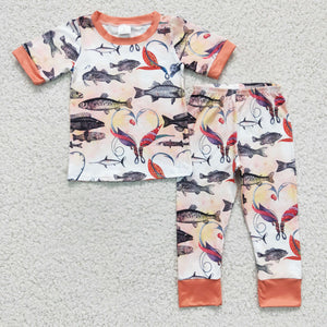 BSPO0041 Fish print boy's short-sleeved straight-leg pants
