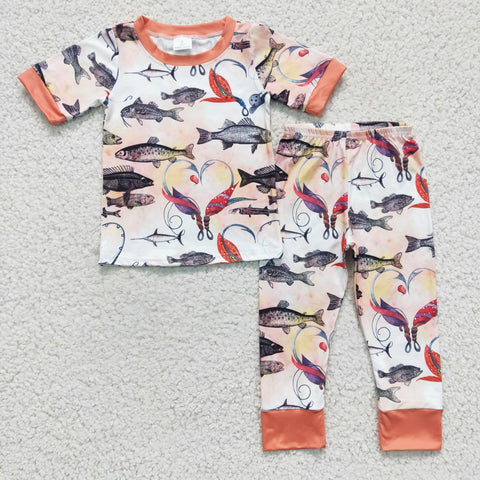 BSPO0041 Fish print boy's short-sleeved straight-leg pants