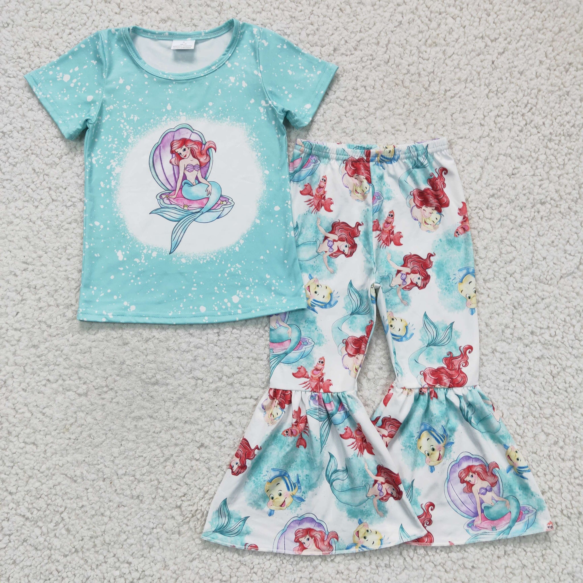 GSPO0310 Mermaid Print Girls Short Sleeve Flared Pants Set